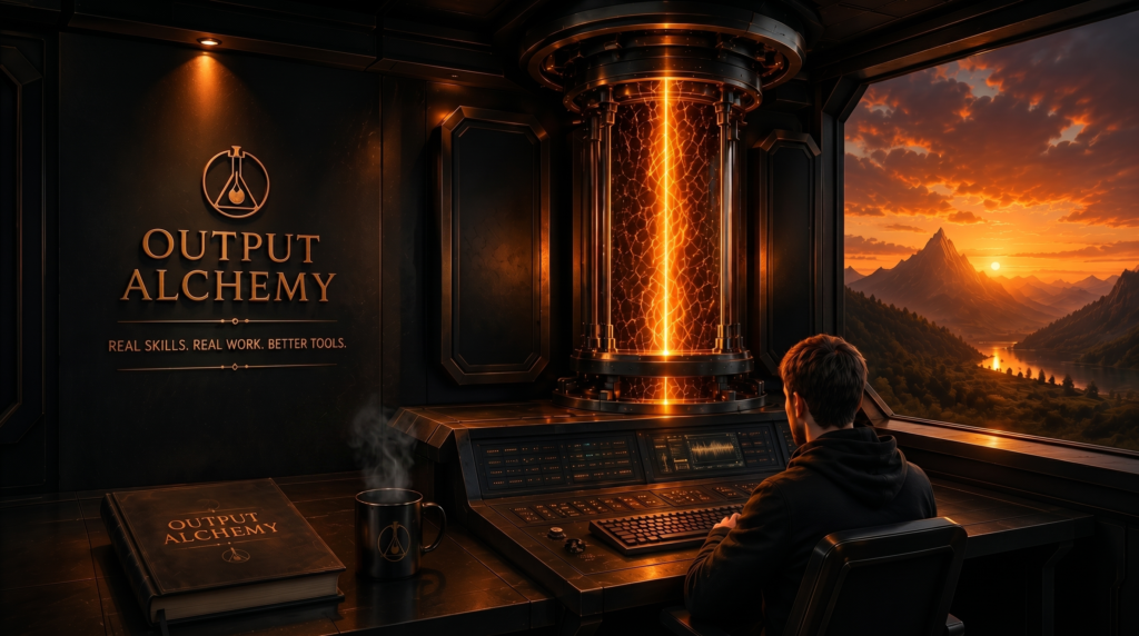 Output Alchemy control room showing an AI-assisted workflow environment, branded reactor system, operator workspace, and mountain landscape at sunset.
