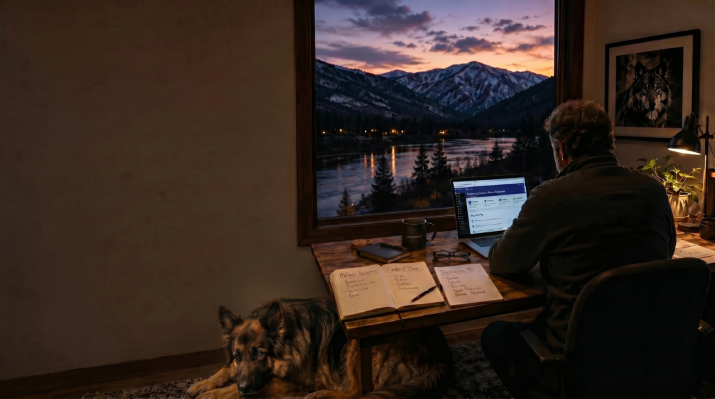 A quiet evening workspace with a man at a desk and a long-haired German Shepherd nearby, representing practical AI-supported work and Output Alchemy’s grounded approach.